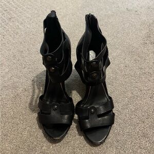 Stiletto black strappy wedges